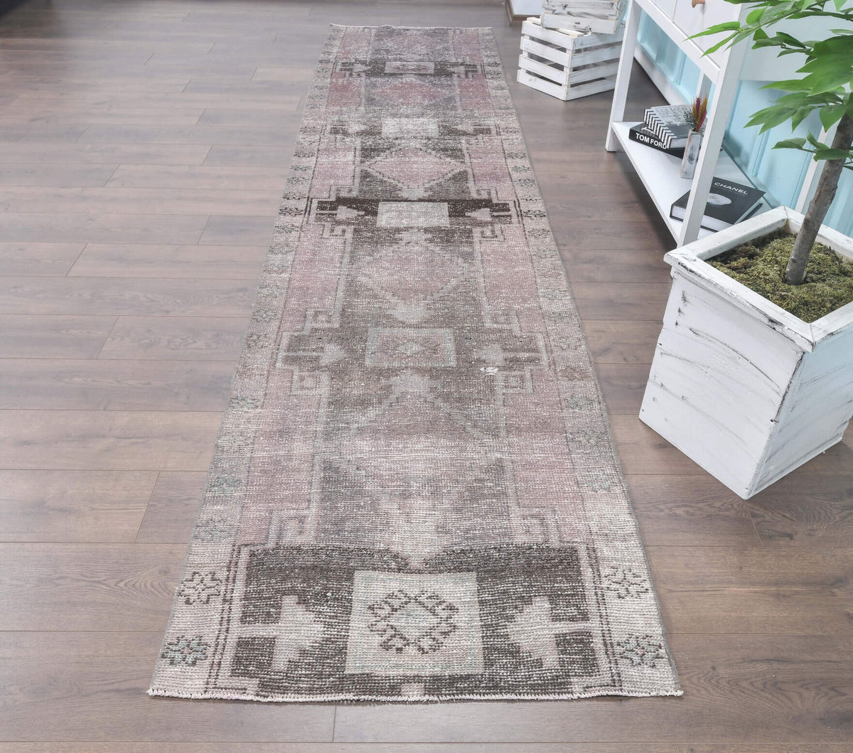 El yapımı vintage yolluk 89x391 cm geometrik desenli yün - detay görünümü