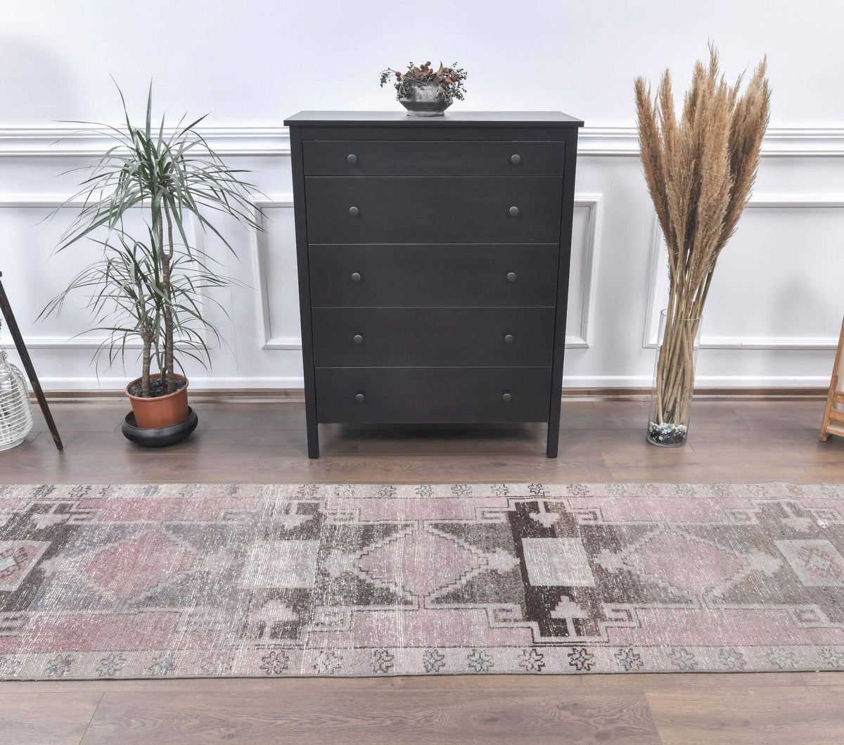 El yapımı vintage yolluk 89x391 cm geometrik desenli yün - yakın çekim doku detayı