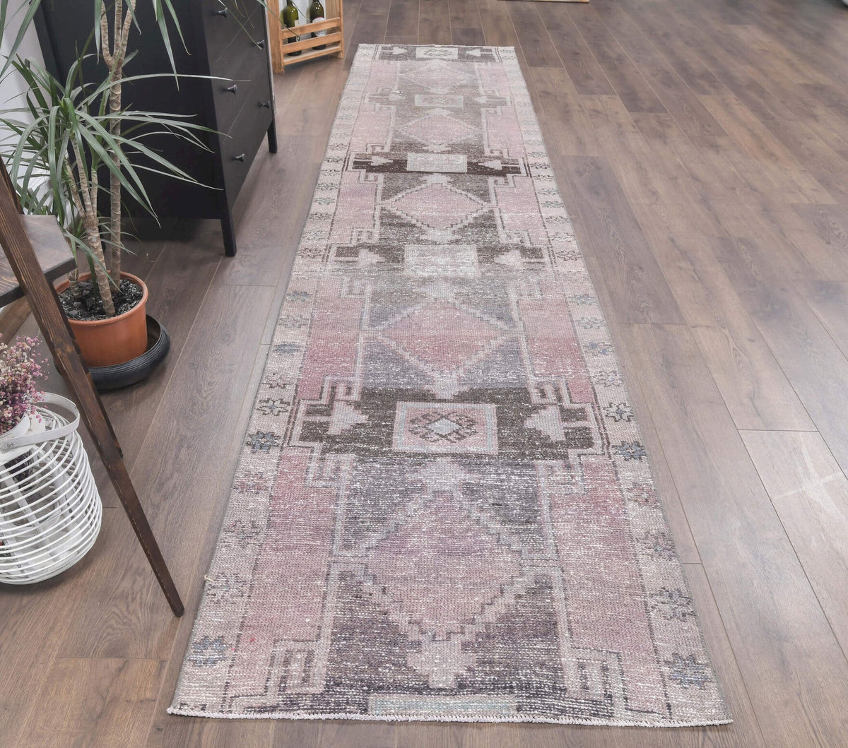 El yapımı vintage yolluk 89x391 cm geometrik desenli yün - kenar ve saçak detayı