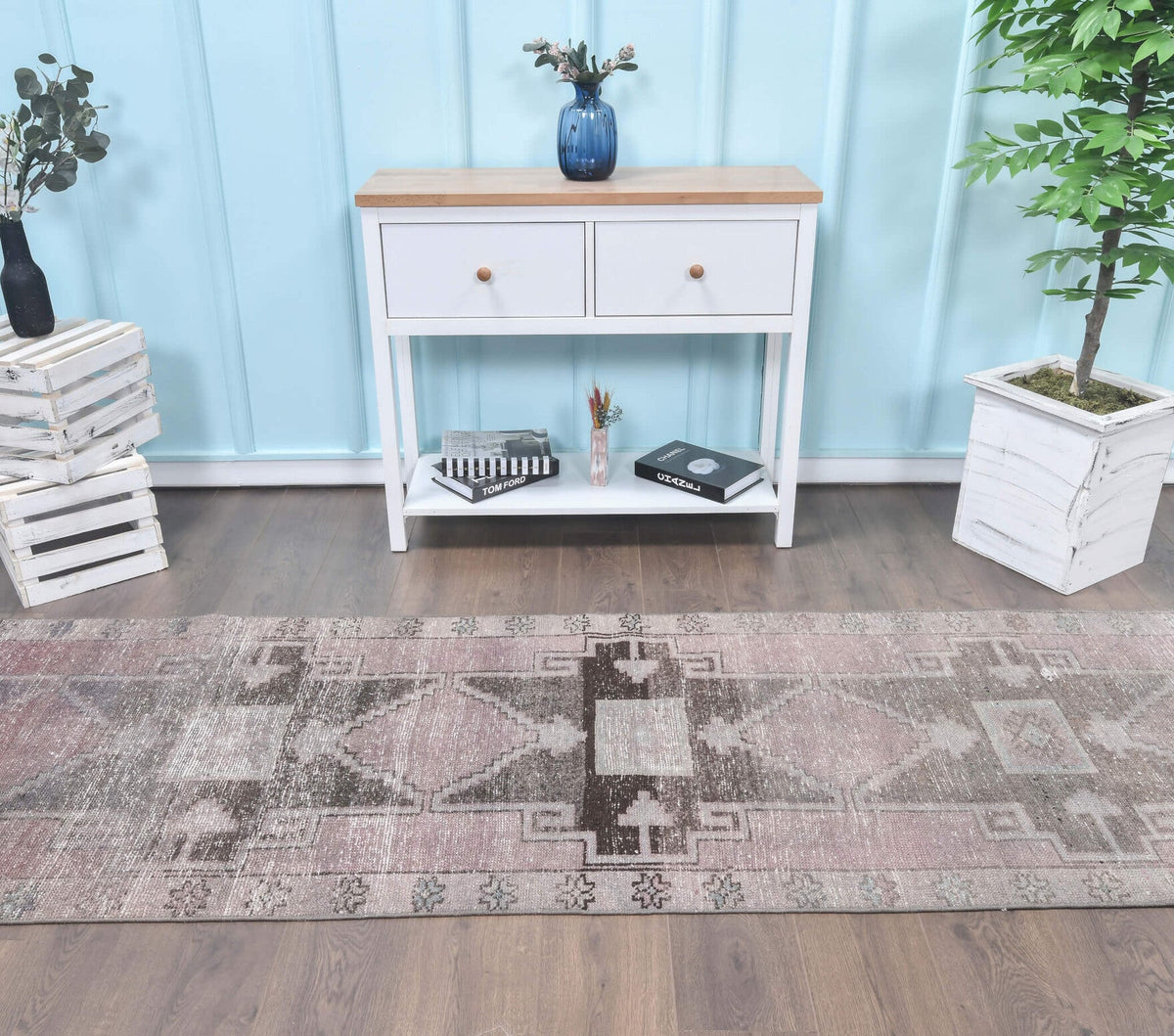 El yapımı vintage yolluk 89x391 cm geometrik desenli yün - üstten görünüm