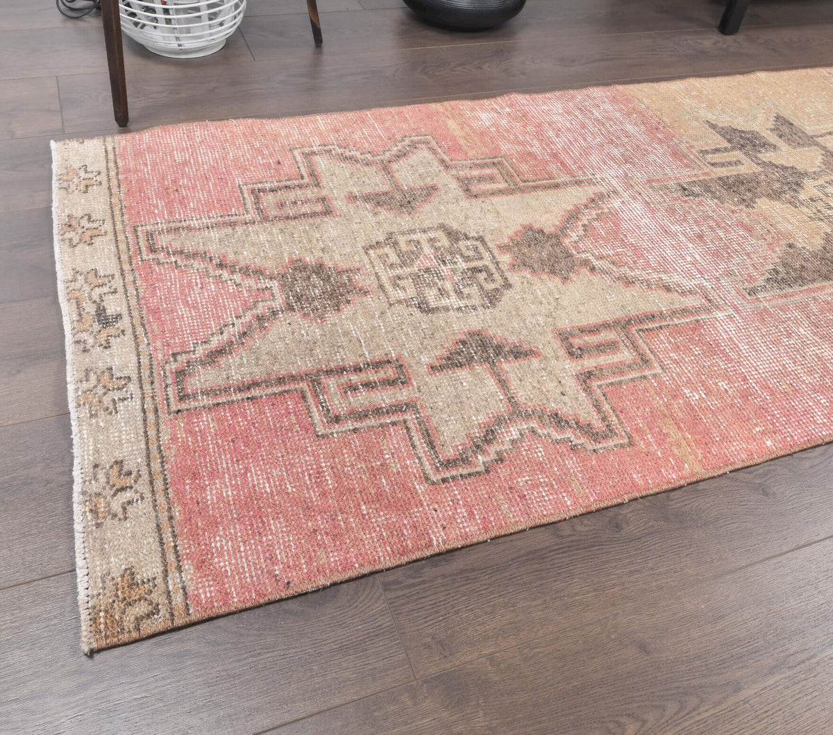 El yapımı vintage yolluk 81x384 cm geometrik desenli yün - kenar ve saçak detayı