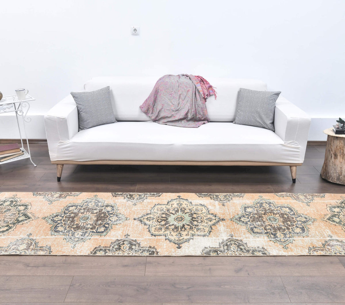 El yapımı vintage yolluk 79x381 cm i̇kat desenli yün - detay görünümü