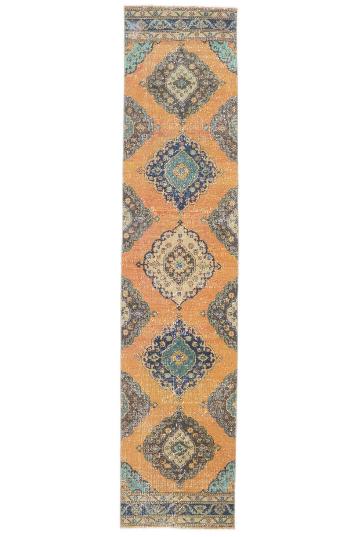 El yapımı vintage yolluk 86x384 cm i̇kat desenli yün - açık alan görünümü