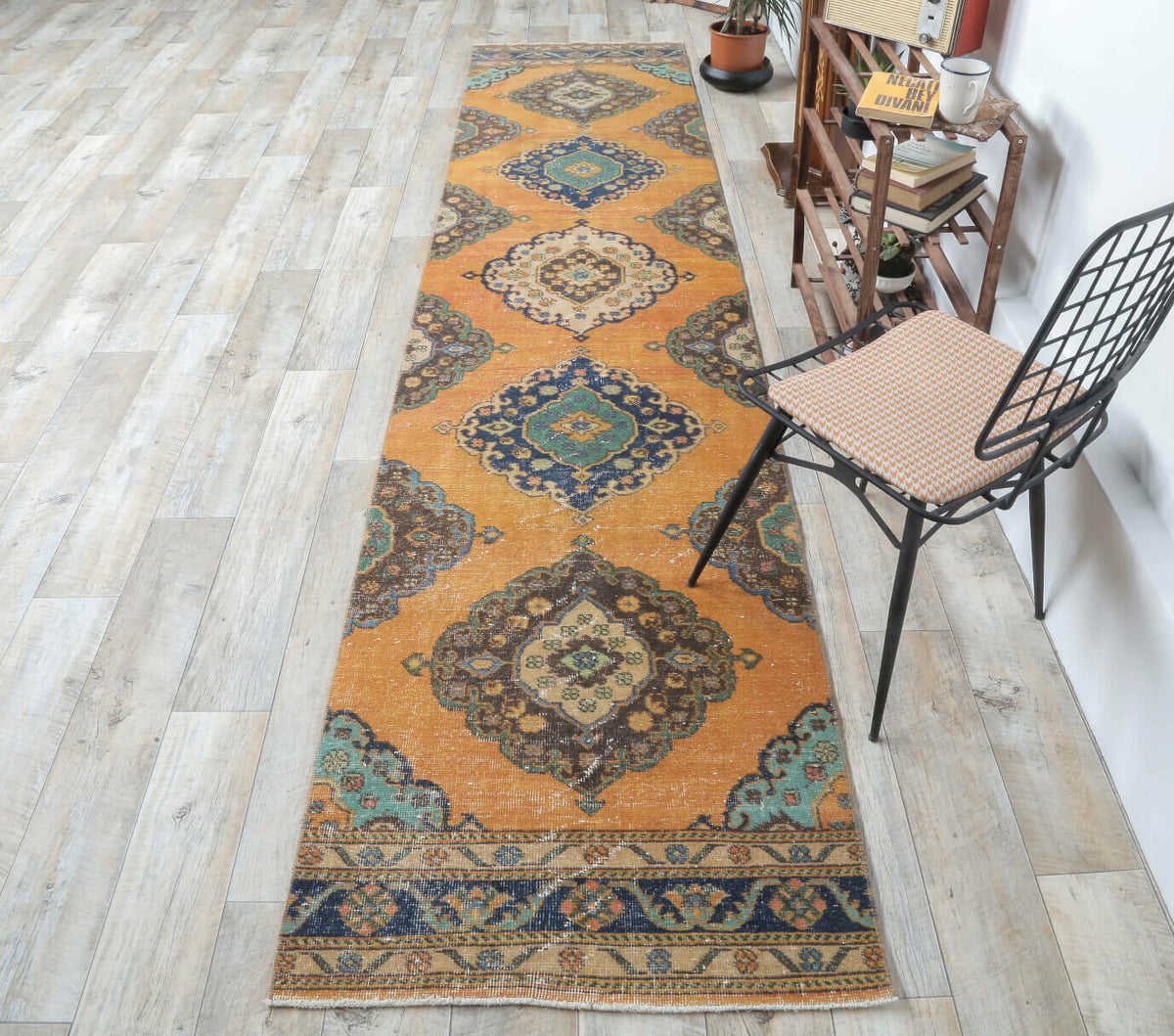 El yapımı vintage yolluk 86x384 cm i̇kat desenli yün - kenar ve saçak detayı