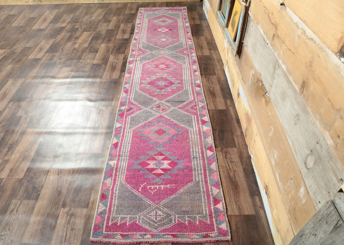 El yapımı vintage yolluk 79x391 cm i̇kat desenli yün - yakın çekim doku detayı