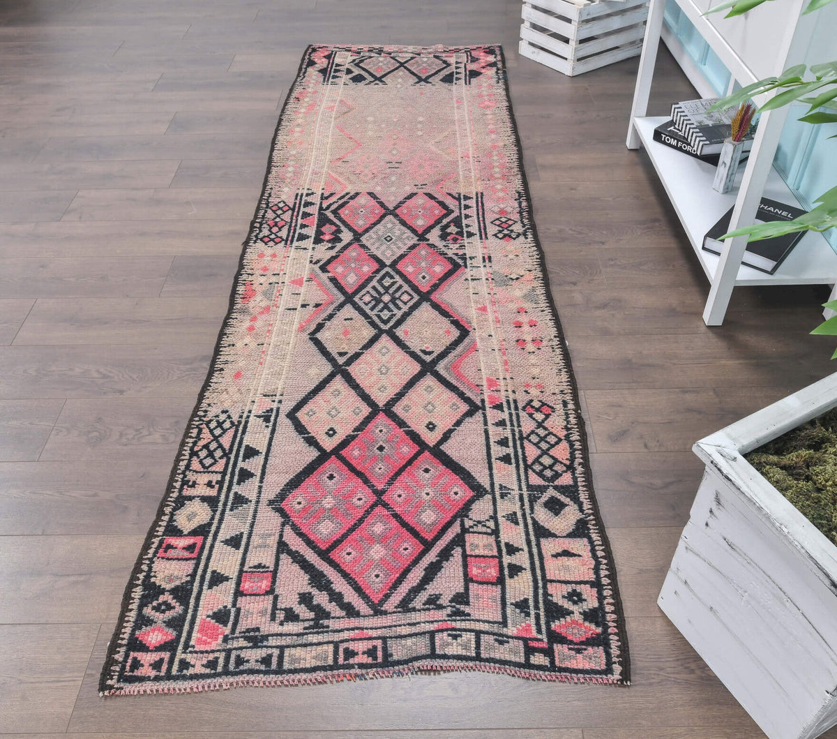El yapımı vintage yolluk 86x384 cm geometrik desenli yün - detay görünümü