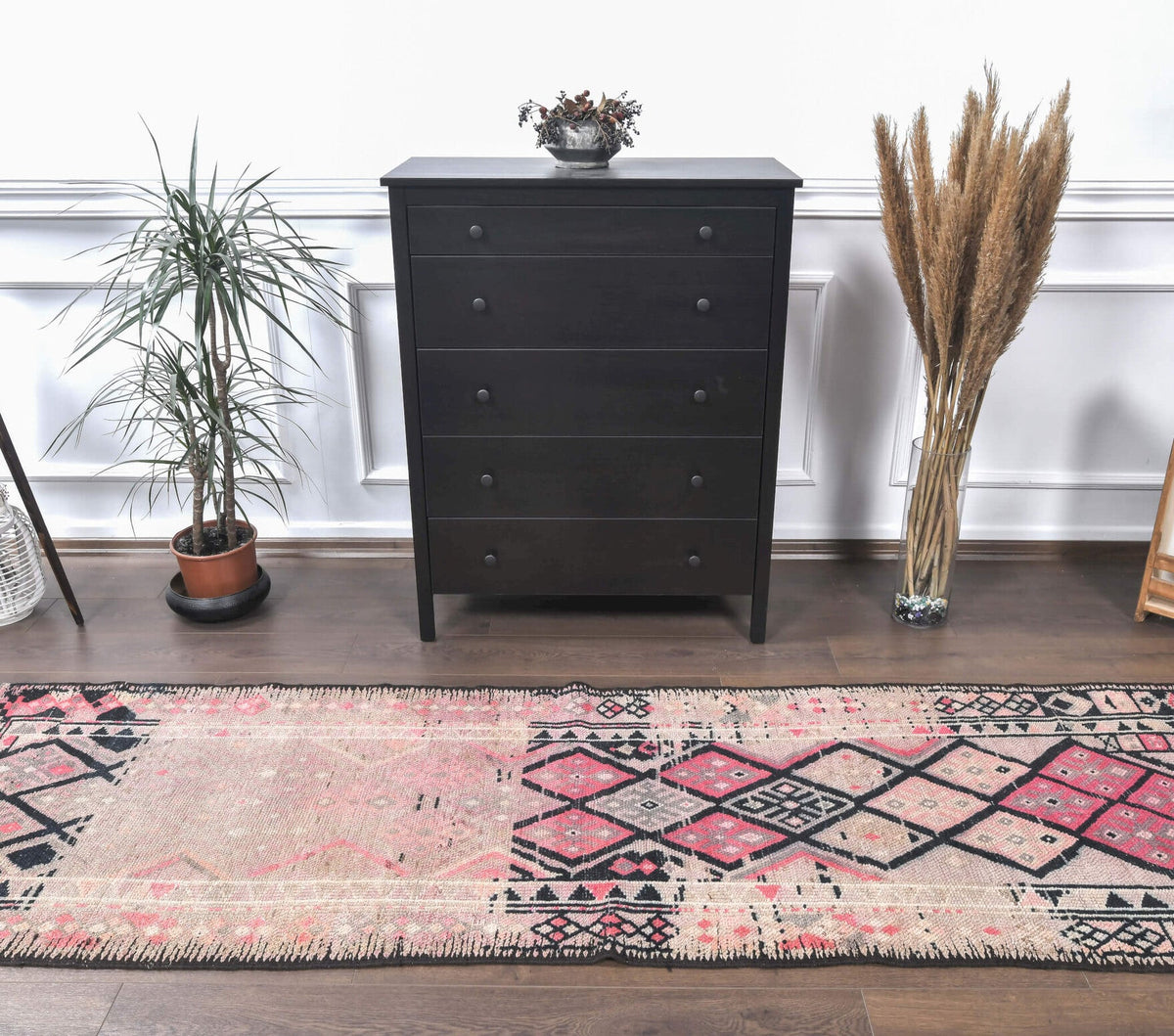 El yapımı vintage yolluk 86x384 cm geometrik desenli yün - yakın çekim doku detayı
