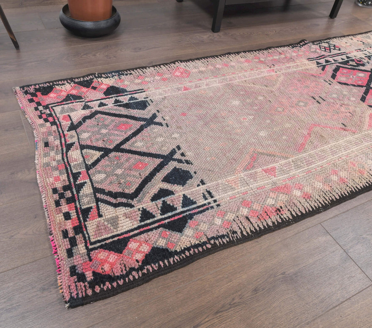 El yapımı vintage yolluk 86x384 cm geometrik desenli yün - kenar ve saçak detayı