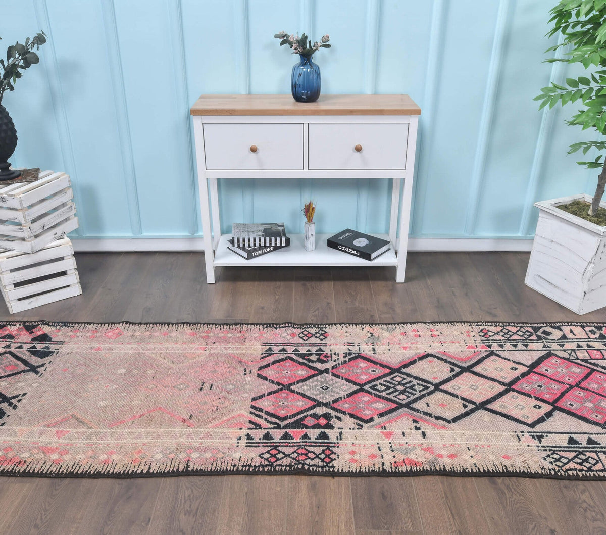 El yapımı vintage yolluk 86x384 cm geometrik desenli yün - üstten görünüm