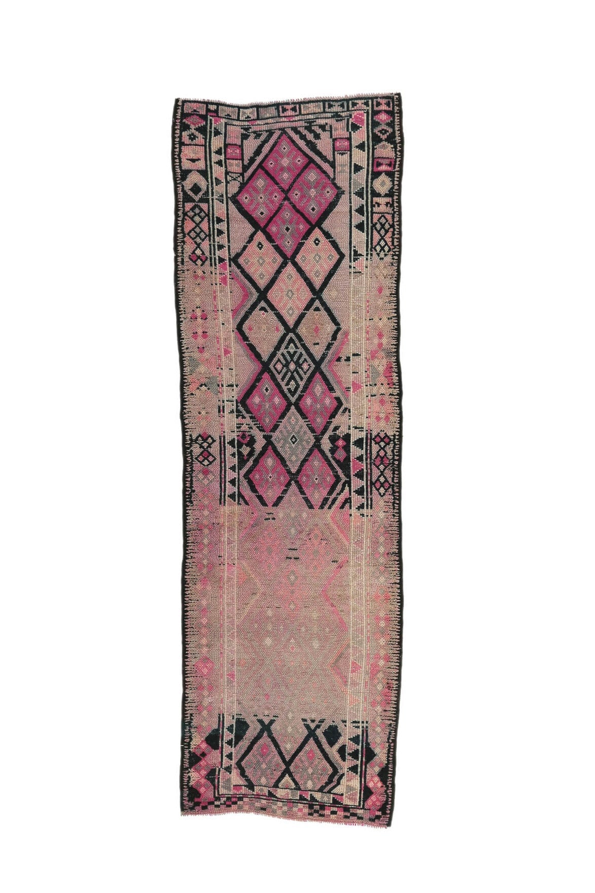 El yapımı vintage yolluk 86x384 cm geometrik desenli yün - açık alan görünümü