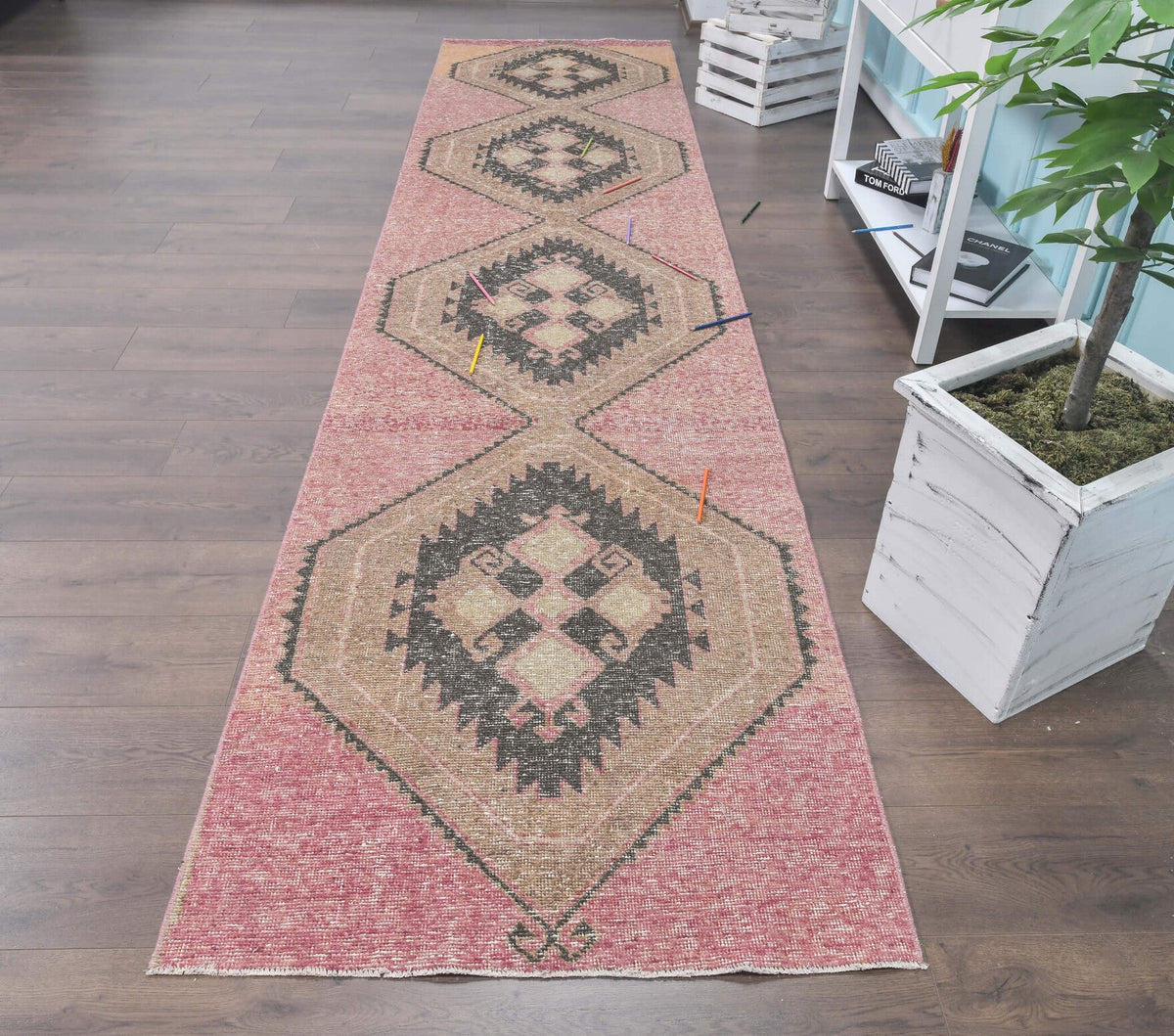 El yapımı vintage yolluk 97x394 cm tribal desenli yün - detay görünümü