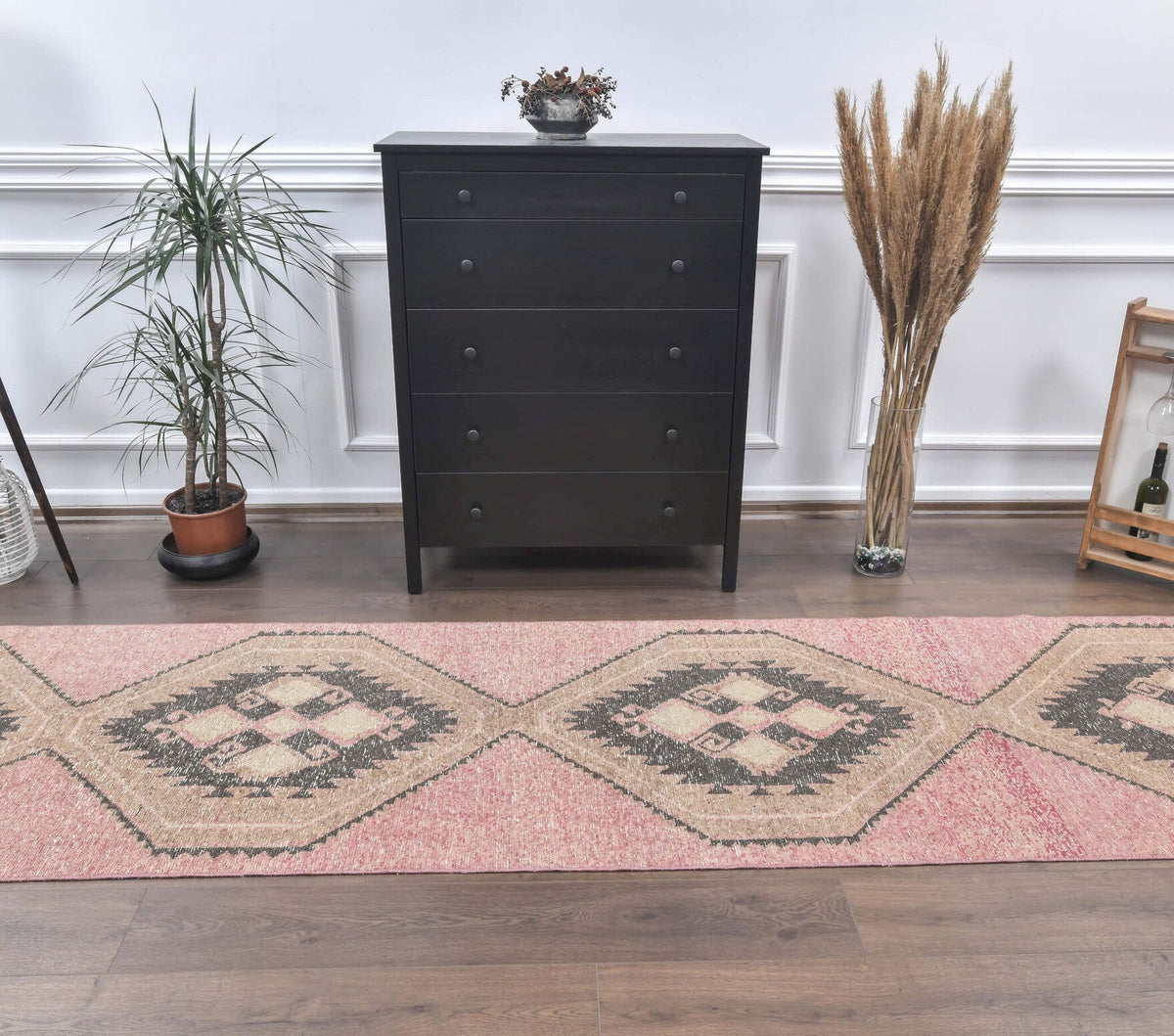 El yapımı vintage yolluk 97x394 cm tribal desenli yün - yakın çekim doku detayı