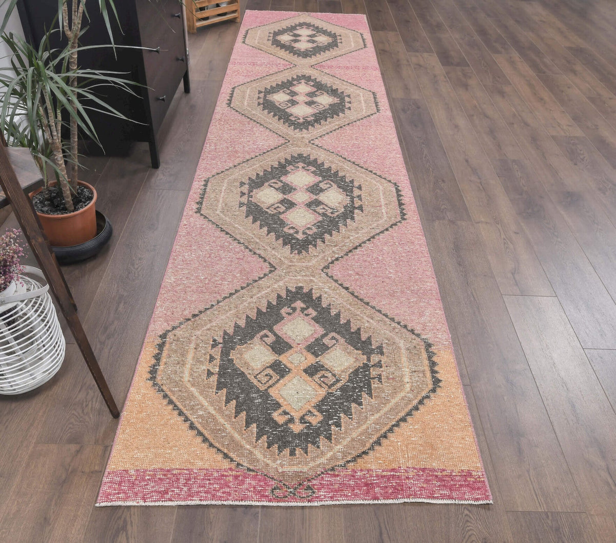 El yapımı vintage yolluk 97x394 cm tribal desenli yün - kenar ve saçak detayı