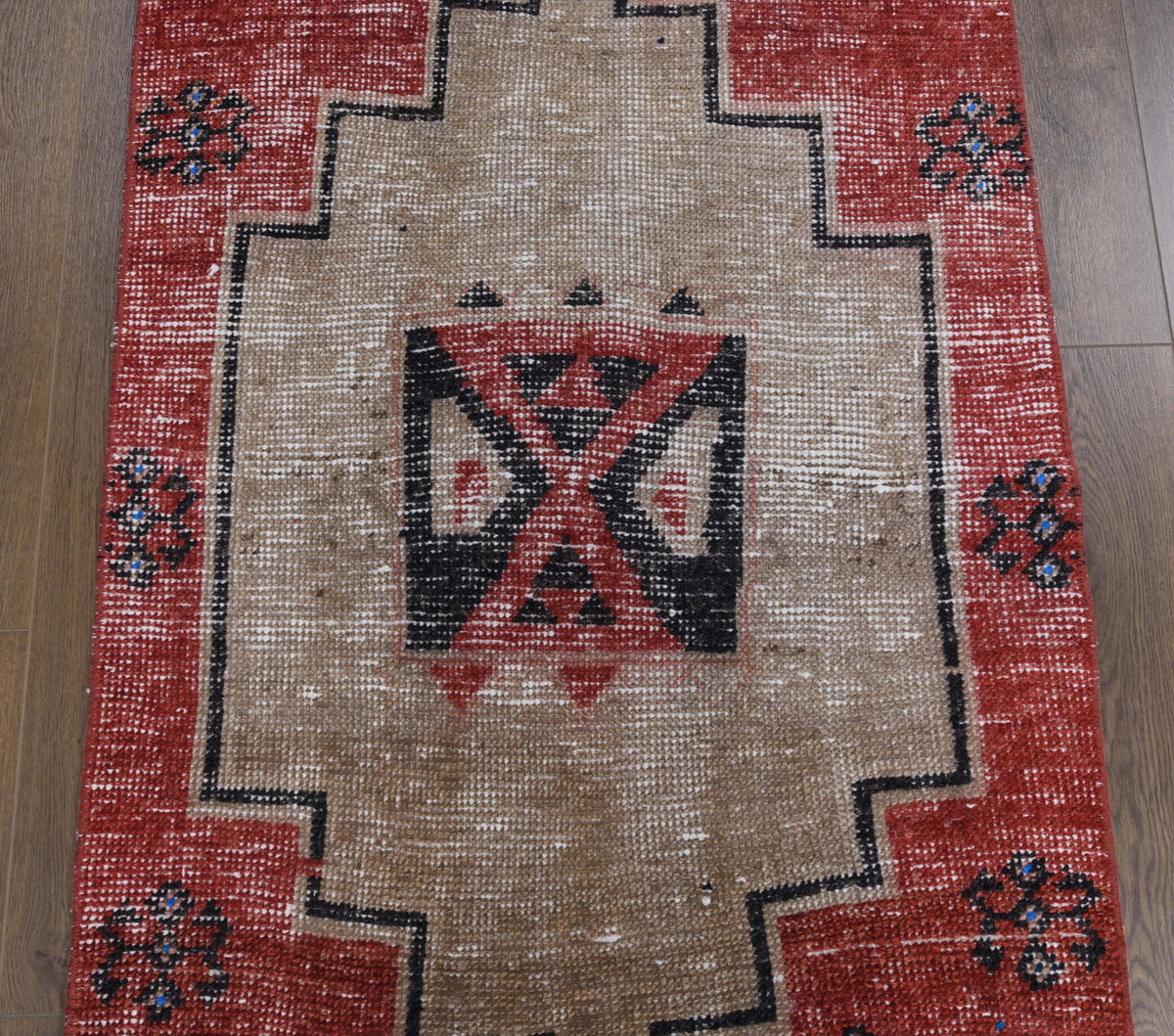 El yapımı vintage yolluk 81x411 cm geometrik desenli yün - kenar ve saçak detayı