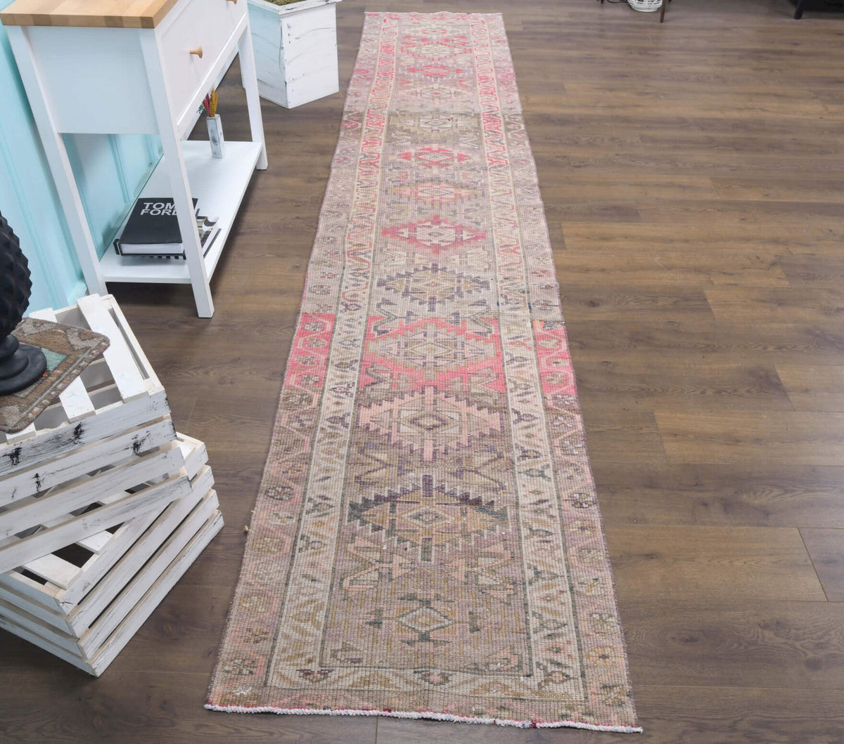 El yapımı vintage yolluk 79x411 cm geometrik desenli yün - detay görünümü