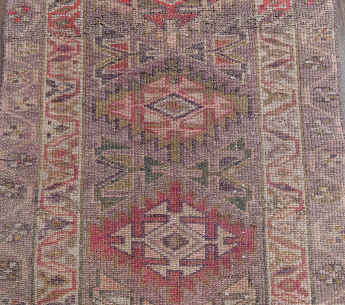El yapımı vintage yolluk 79x411 cm geometrik desenli yün - kenar ve saçak detayı