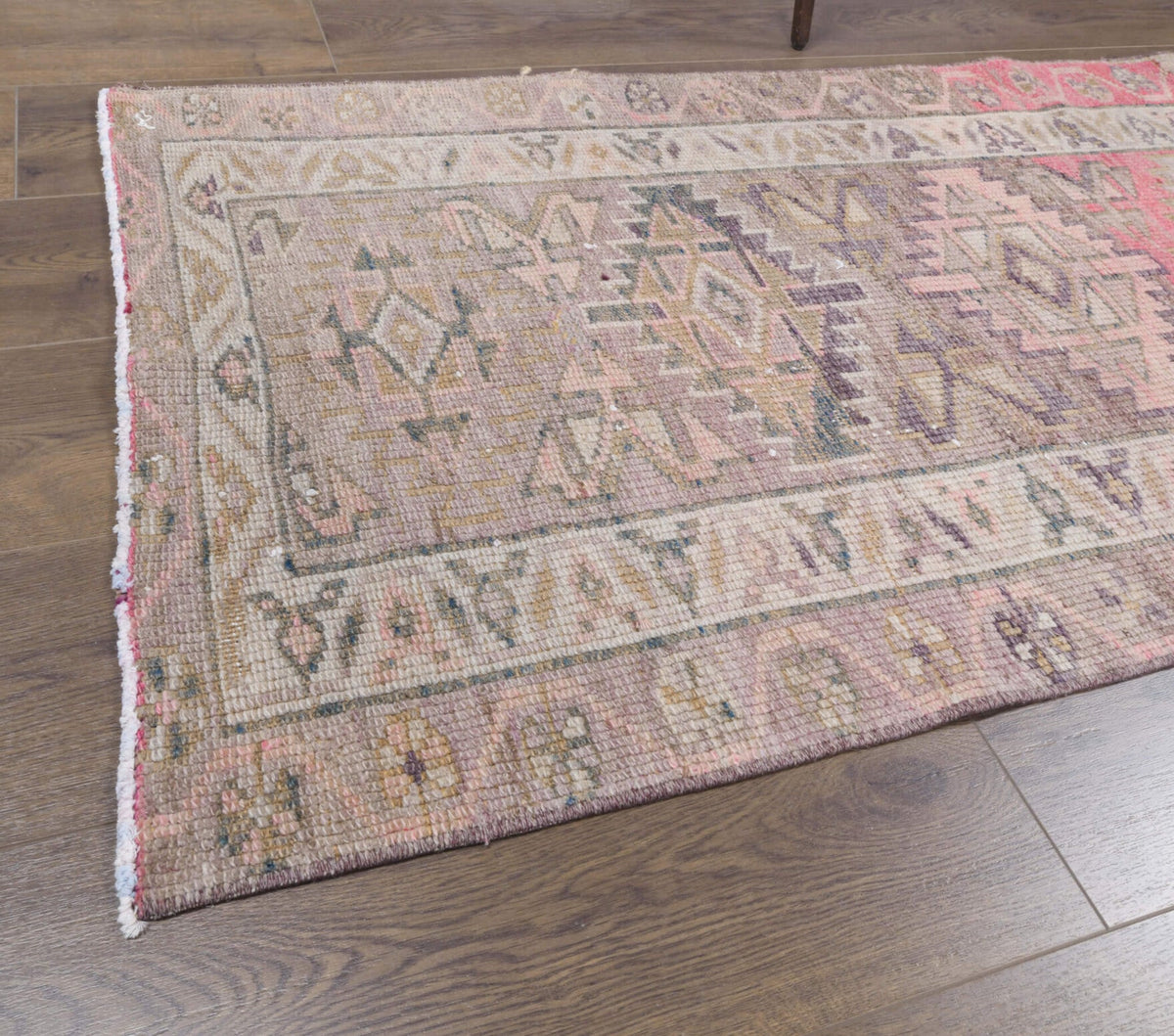 El yapımı vintage yolluk 79x411 cm geometrik desenli yün - üstten görünüm