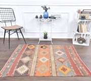 1960'lardan Sivas kökenli ikat desenli el dokuma vintage kilim, 103x138 cm