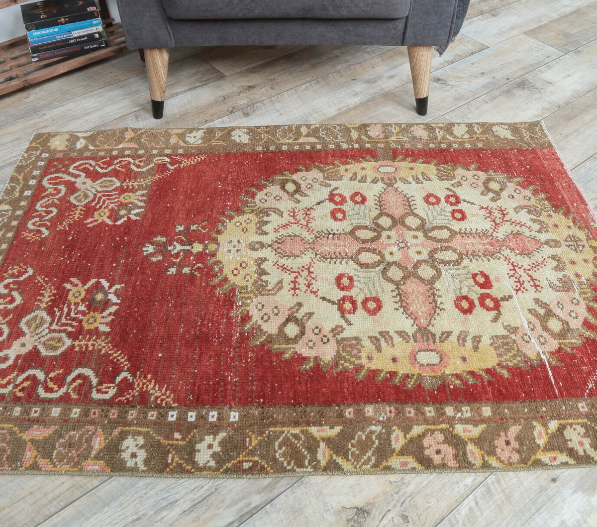 3x4 Vintage Handmade Red Beige Small Anatolian Rug
