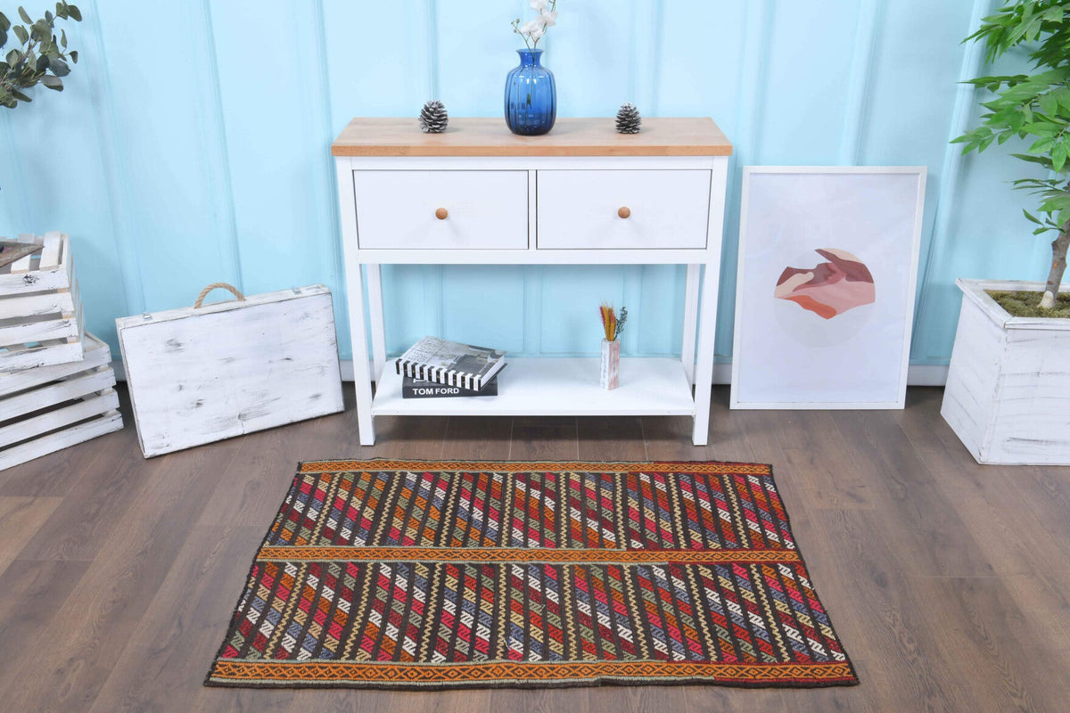 El yapımı vintage halı 86x132 cm i̇kat desenli yün - detay görünümü