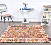 1960'lardan Sivas kökenli ikat desenli el dokuma vintage kilim, 107x145 cm