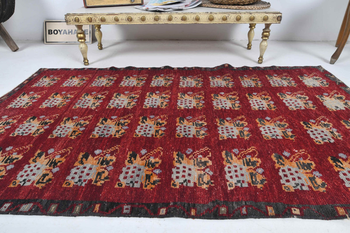 El yapımı vintage halı 91x152 cm i̇kat desenli yün - kenar ve saçak detayı