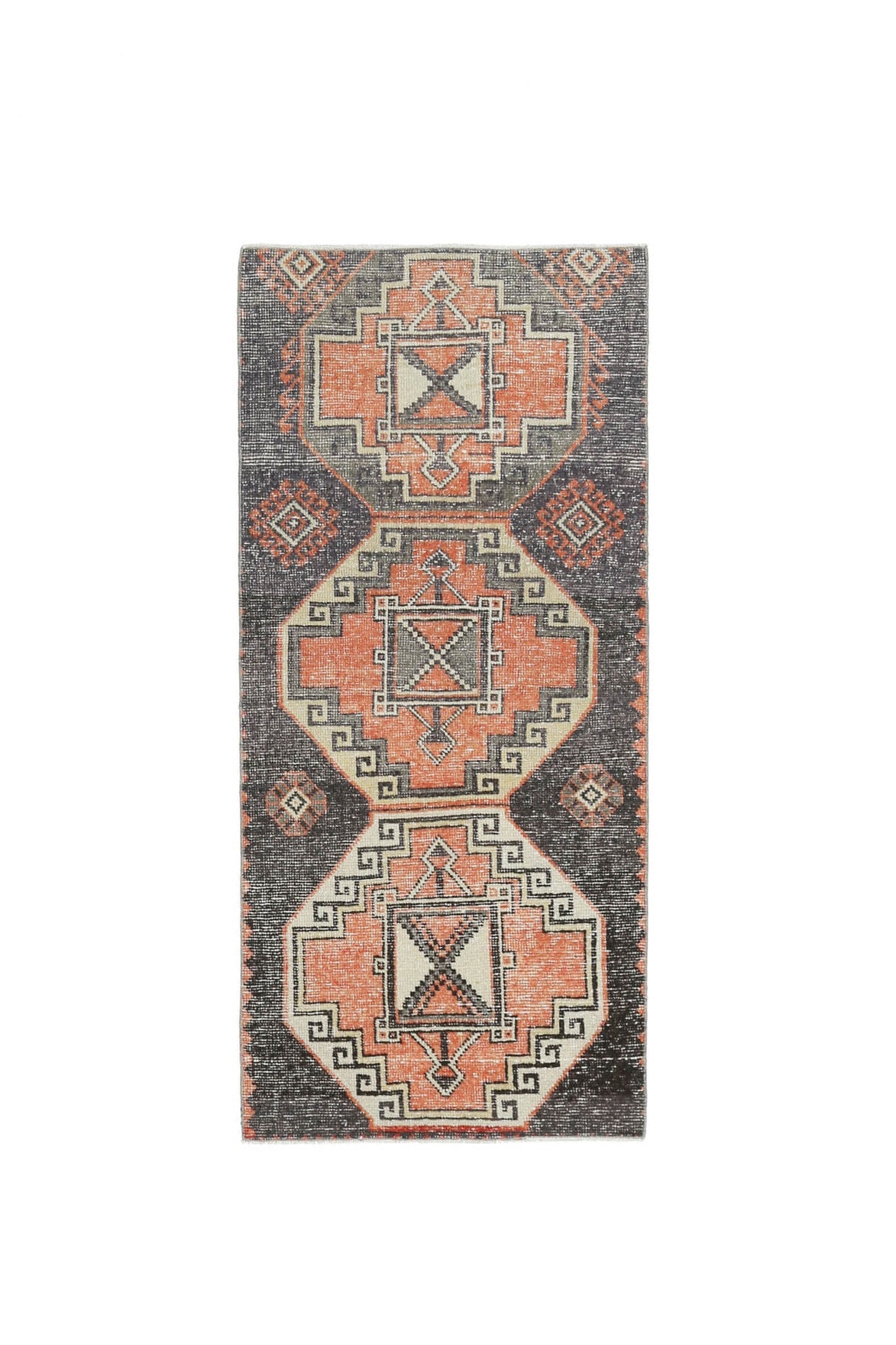 El yapımı vintage halı 81x180 cm geometrik desenli yün - üstten görünüm