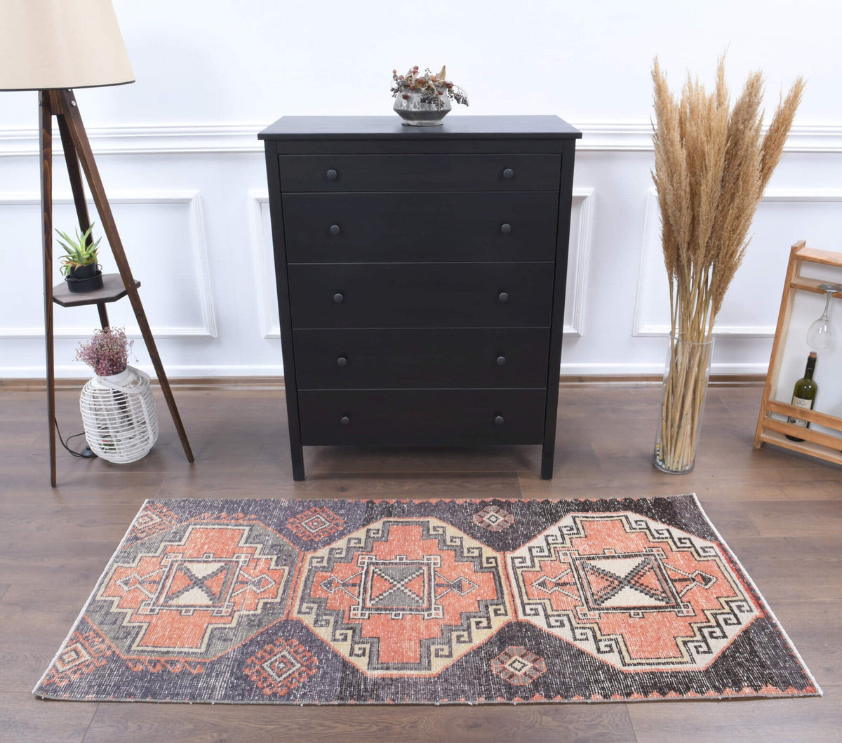 El yapımı vintage halı 81x180 cm geometrik desenli yün - detay görünümü