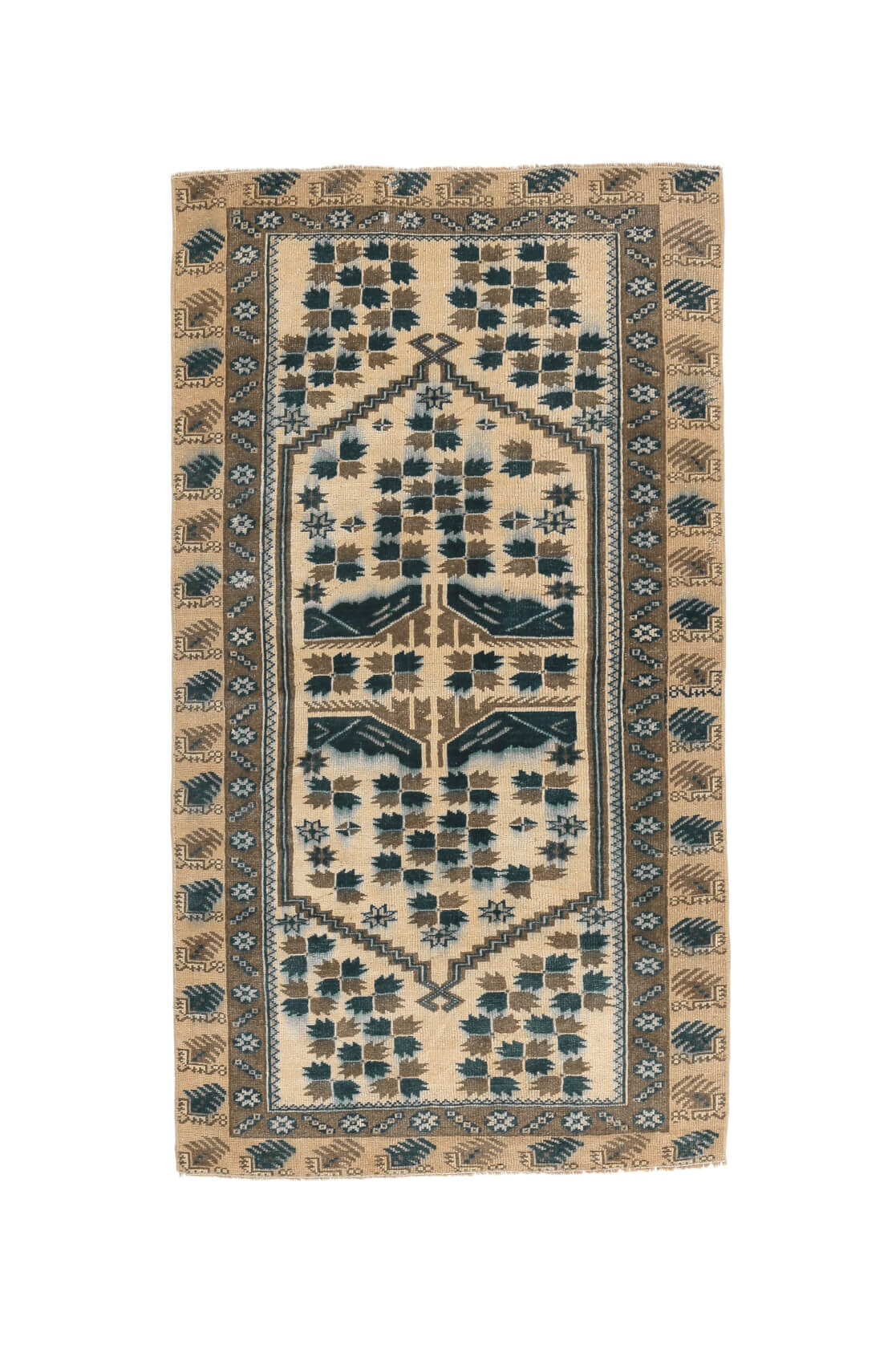 El yapımı vintage halı 94x170 cm bordürlü desenli yün - açık alan görünümü