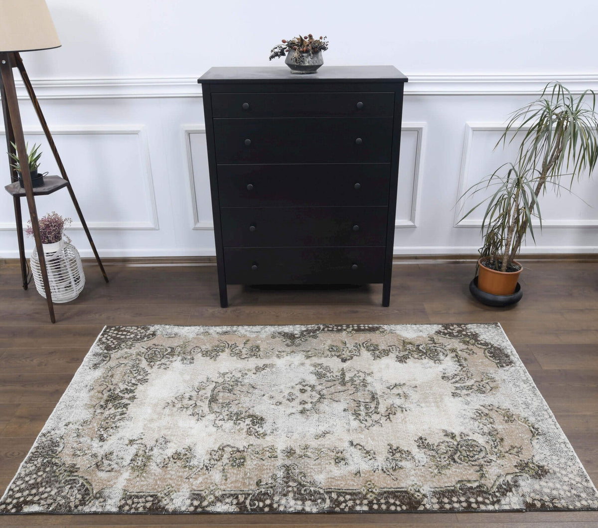 El yapımı vintage halı 91x183 cm oryantal desenli yün - detay görünümü