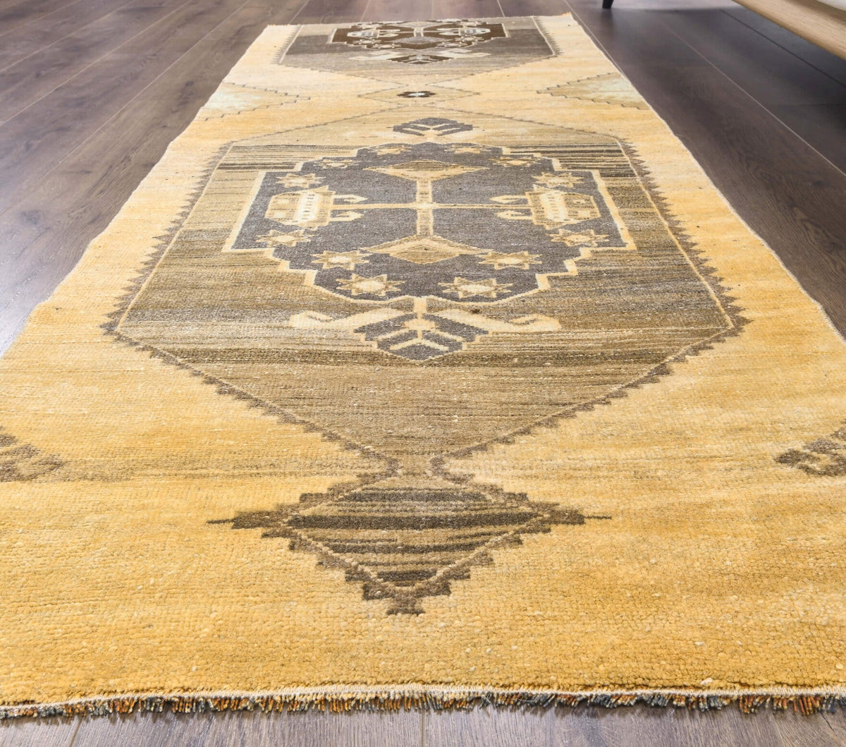 El yapımı vintage yolluk 79x196 cm tribal desenli yün - kenar ve saçak detayı
