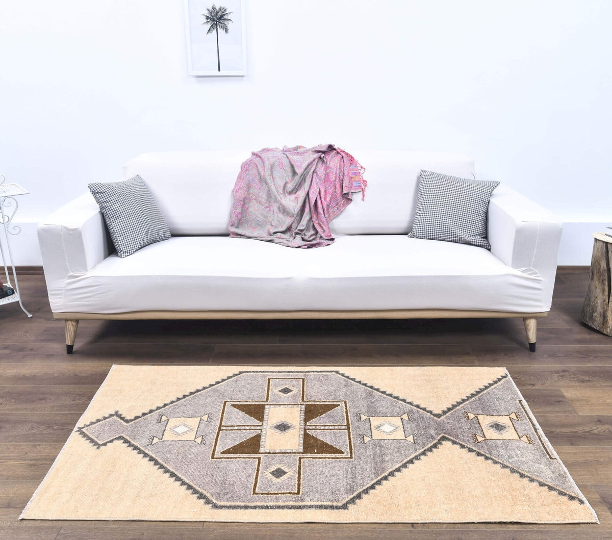 Vintage Beige Oushak Runner Rug