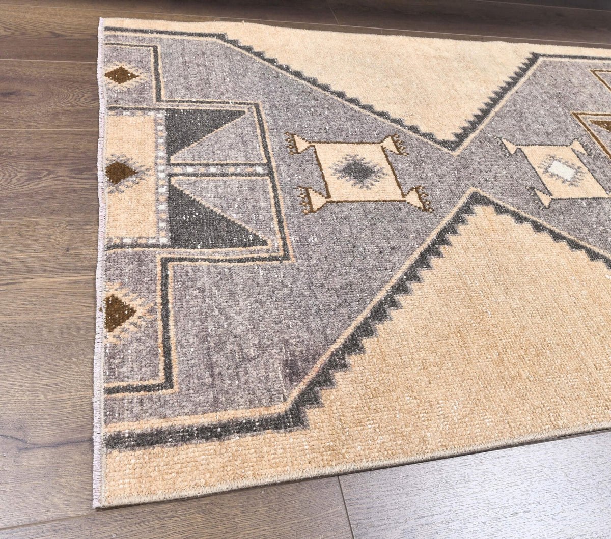 El yapımı vintage yolluk 91x185 cm geometrik desenli yün - kenar ve saçak detayı