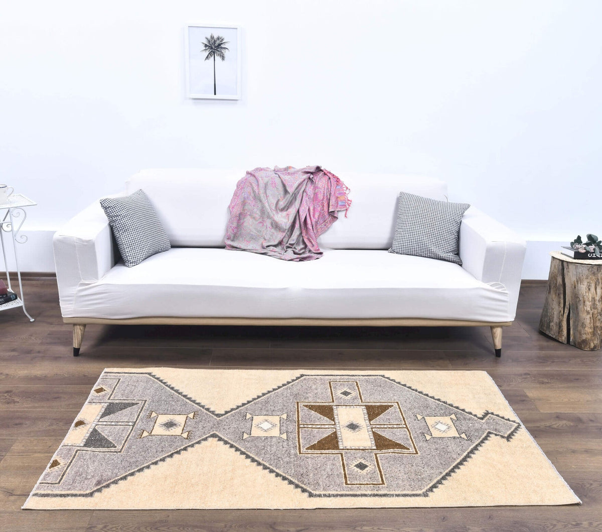 El yapımı vintage yolluk 91x185 cm geometrik desenli yün - üstten görünüm