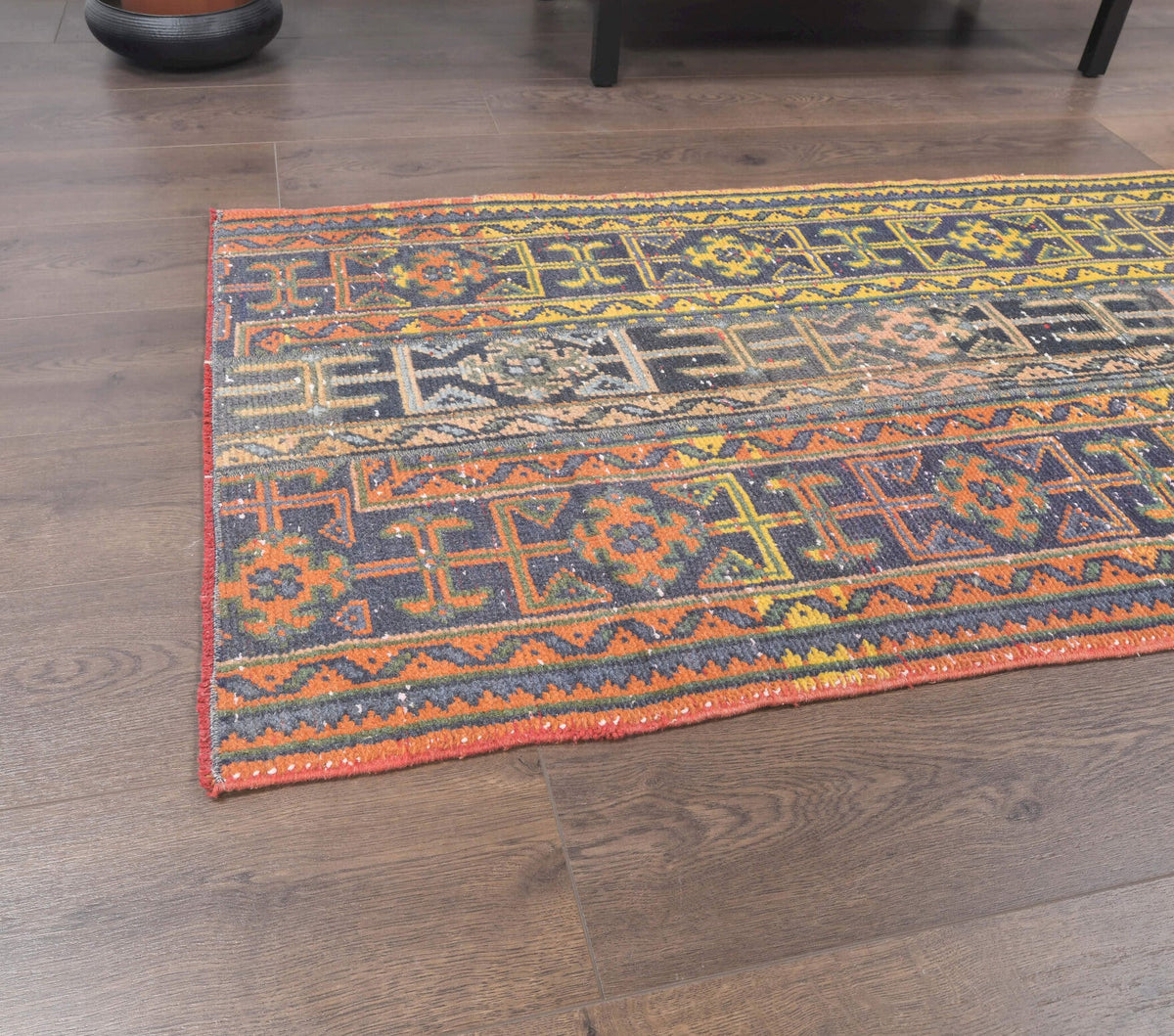 El yapımı vintage yolluk 79x185 cm i̇kat desenli yün - kenar ve saçak detayı