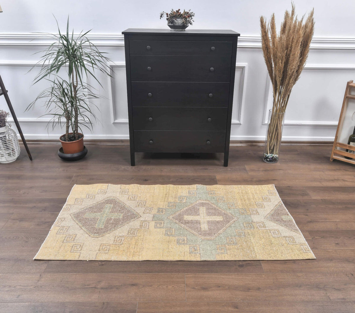 El yapımı vintage yolluk 86x180 cm geometrik desenli yün - detay görünümü