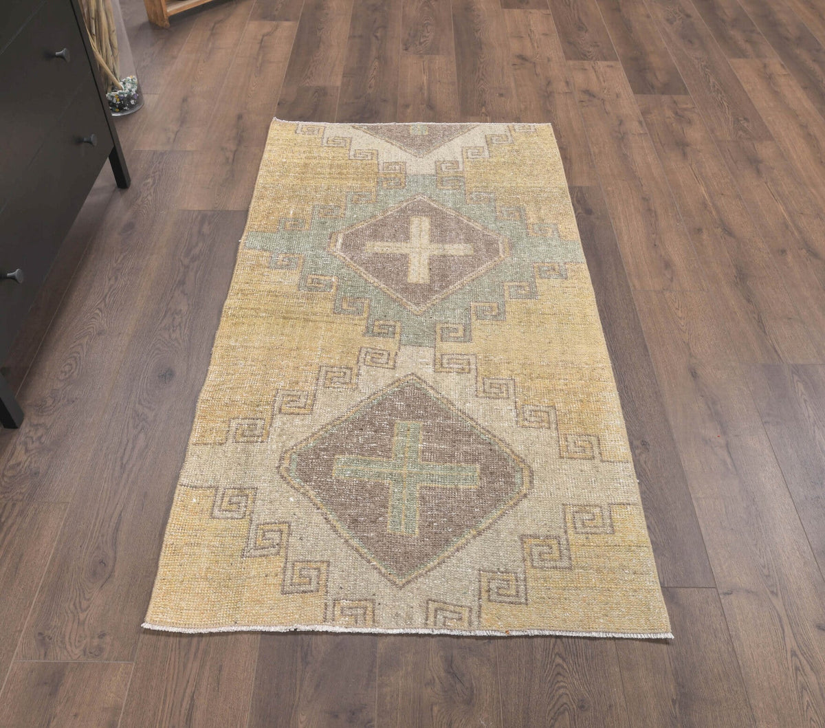 El yapımı vintage yolluk 86x180 cm geometrik desenli yün - yakın çekim doku detayı