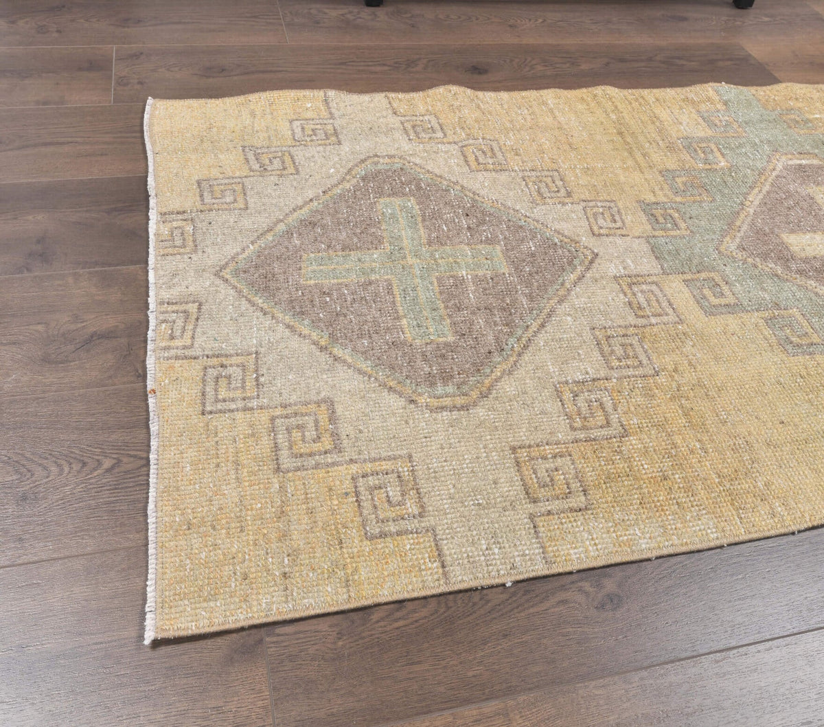 El yapımı vintage yolluk 86x180 cm geometrik desenli yün - kenar ve saçak detayı