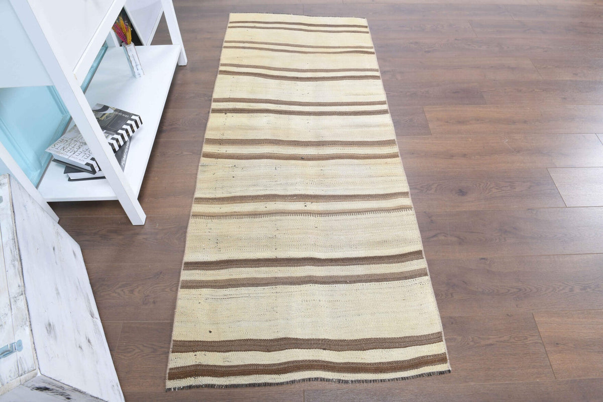 El yapımı vintage halı 79x196 cm çizgili desenli yün - yakın çekim doku detayı