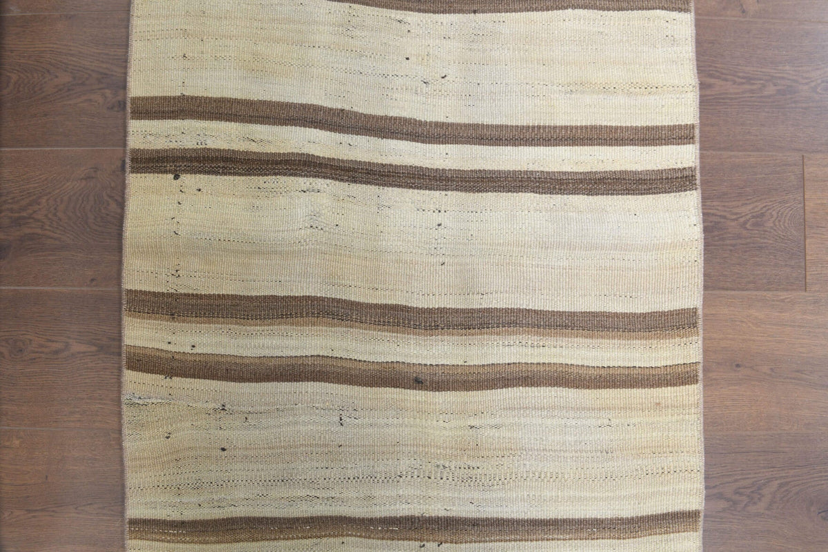 El yapımı vintage halı 79x196 cm çizgili desenli yün - kenar ve saçak detayı