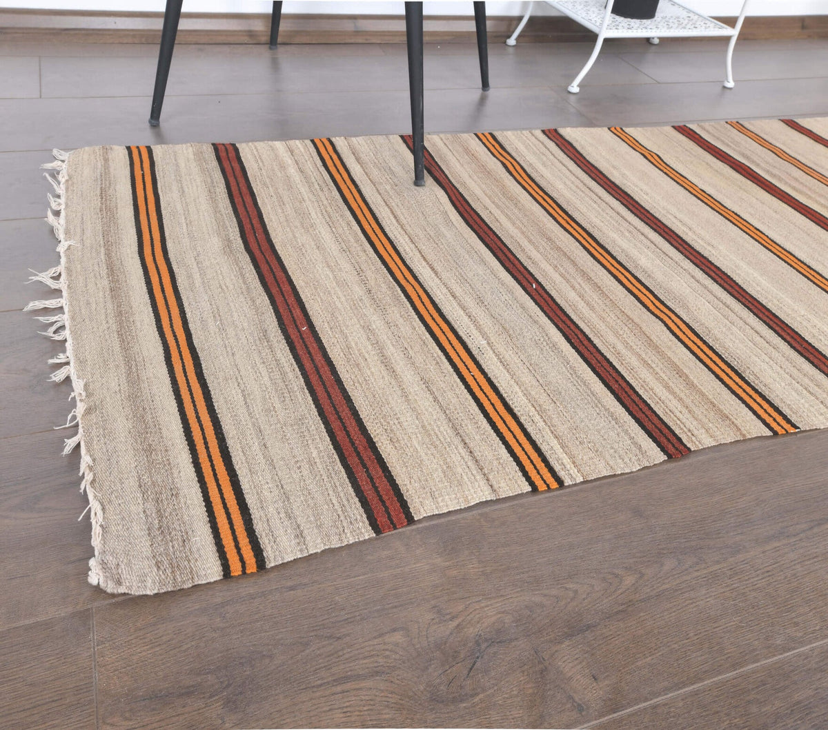 El yapımı vintage yolluk 94x218 cm çizgili desenli yün - kenar ve saçak detayı