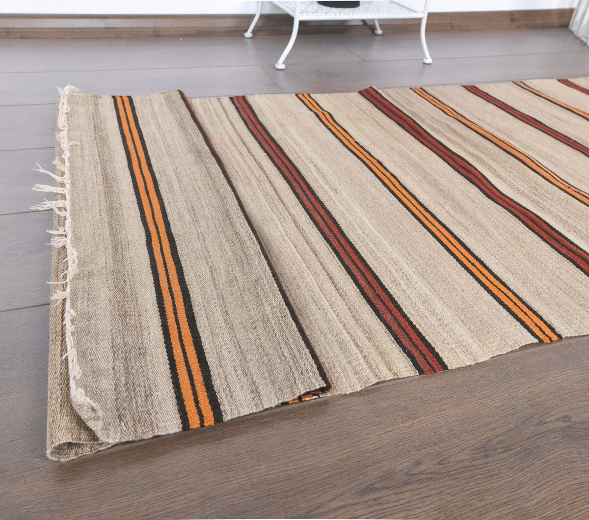El yapımı vintage yolluk 94x218 cm çizgili desenli yün - üstten görünüm