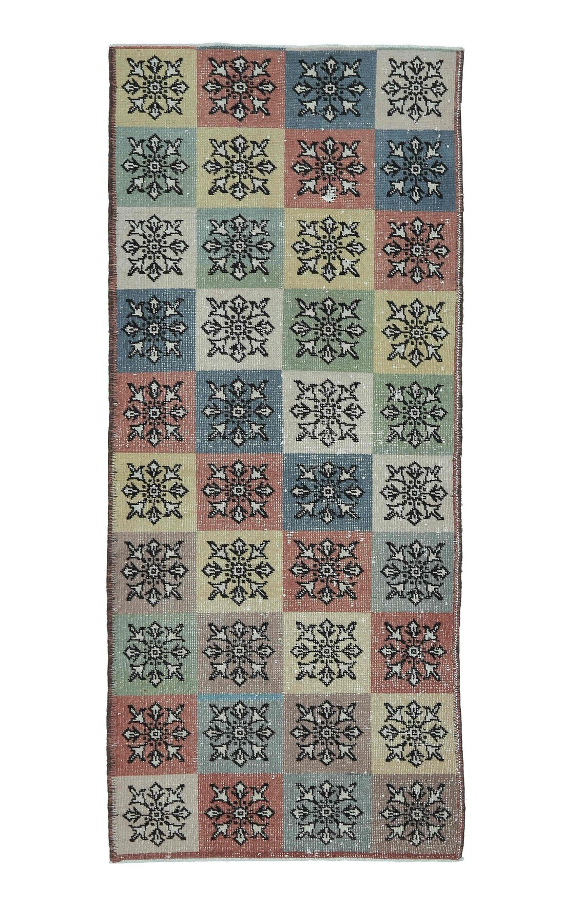 El yapımı vintage yolluk 94x218 cm i̇kat desenli yün - farklı açıdan görünüm