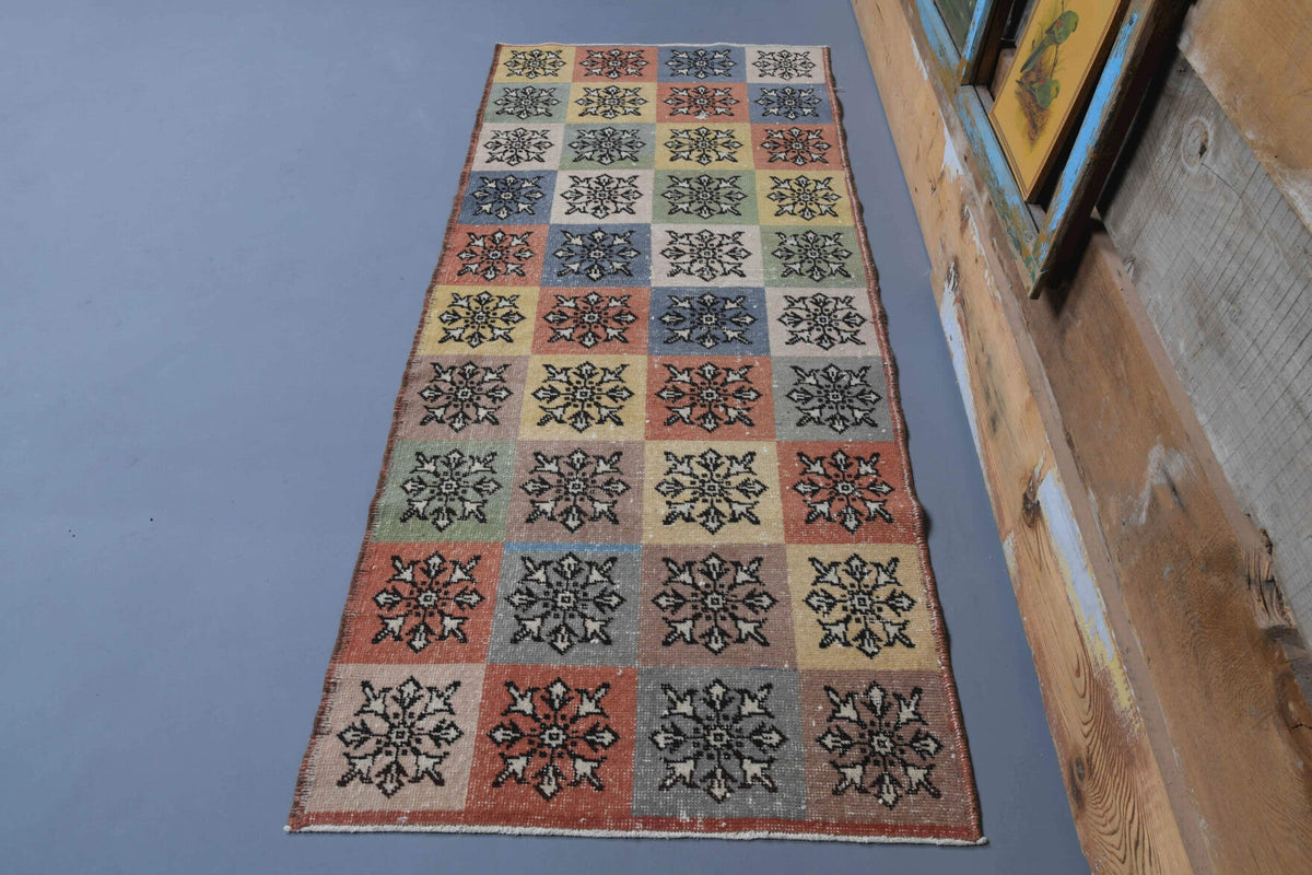 El yapımı vintage yolluk 94x218 cm i̇kat desenli yün - detay görünümü
