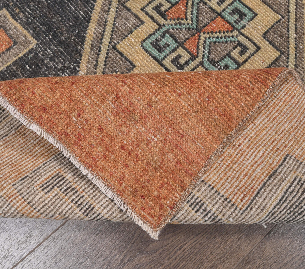 El yapımı vintage yolluk 91x198 cm geometrik desenli yün - kenar ve saçak detayı