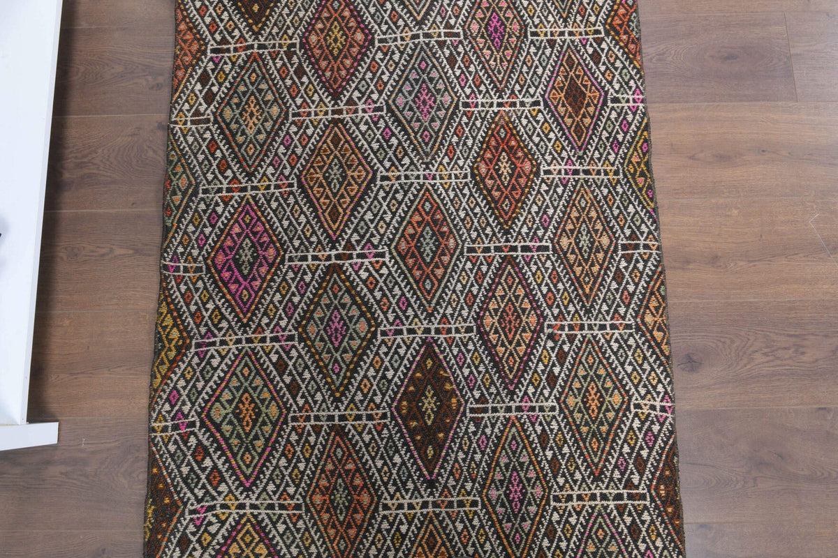 El yapımı vintage yolluk 91x224 cm kilim desenli yün - kenar ve saçak detayı