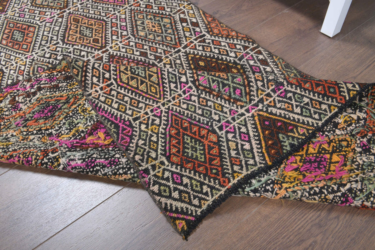 El yapımı vintage yolluk 91x224 cm kilim desenli yün - üstten görünüm