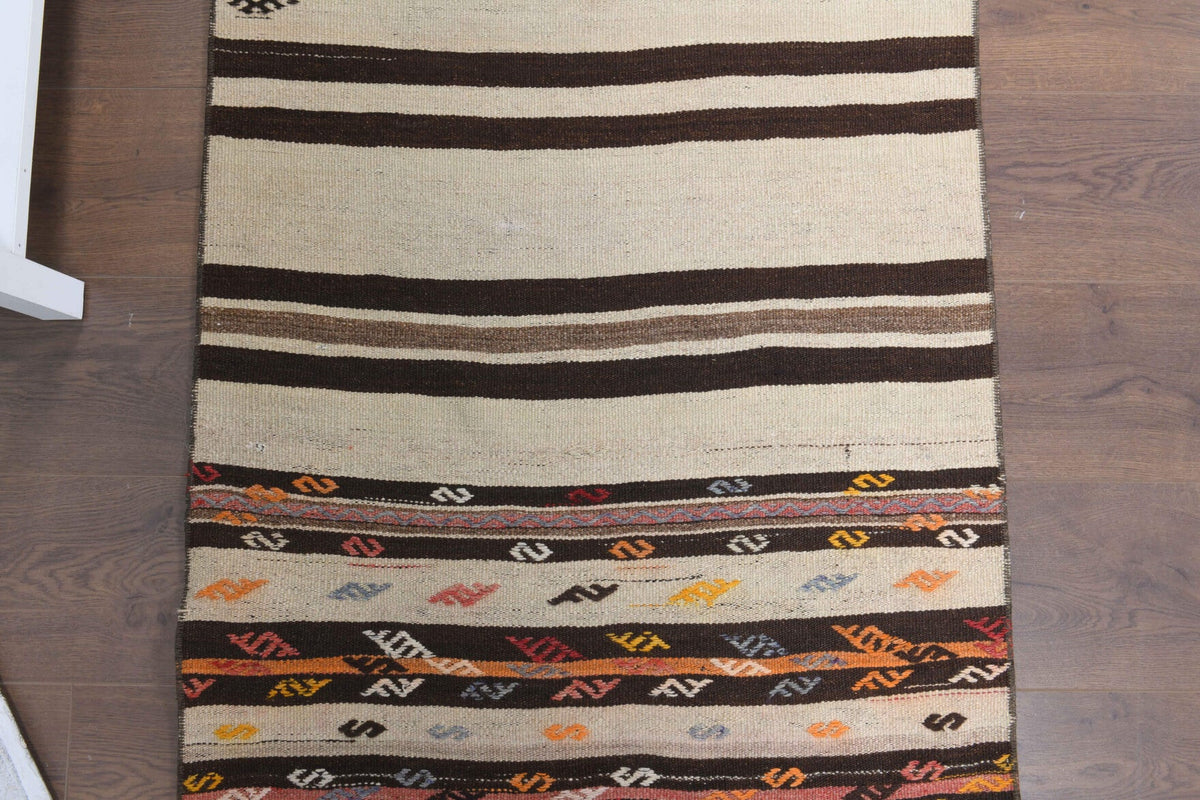 El yapımı vintage yolluk 79x203 cm çizgili desenli yün - kenar ve saçak detayı