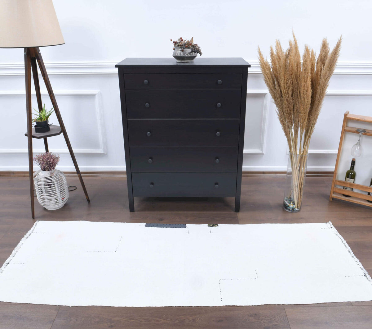 El yapımı vintage yolluk 79x224 cm kilim desenli yün - yakın çekim doku detayı