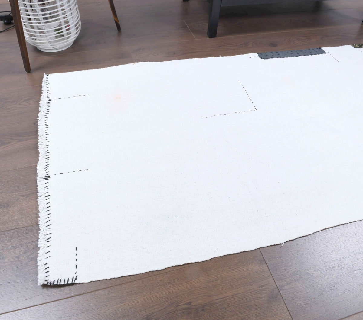 El yapımı vintage yolluk 79x224 cm kilim desenli yün - kenar ve saçak detayı